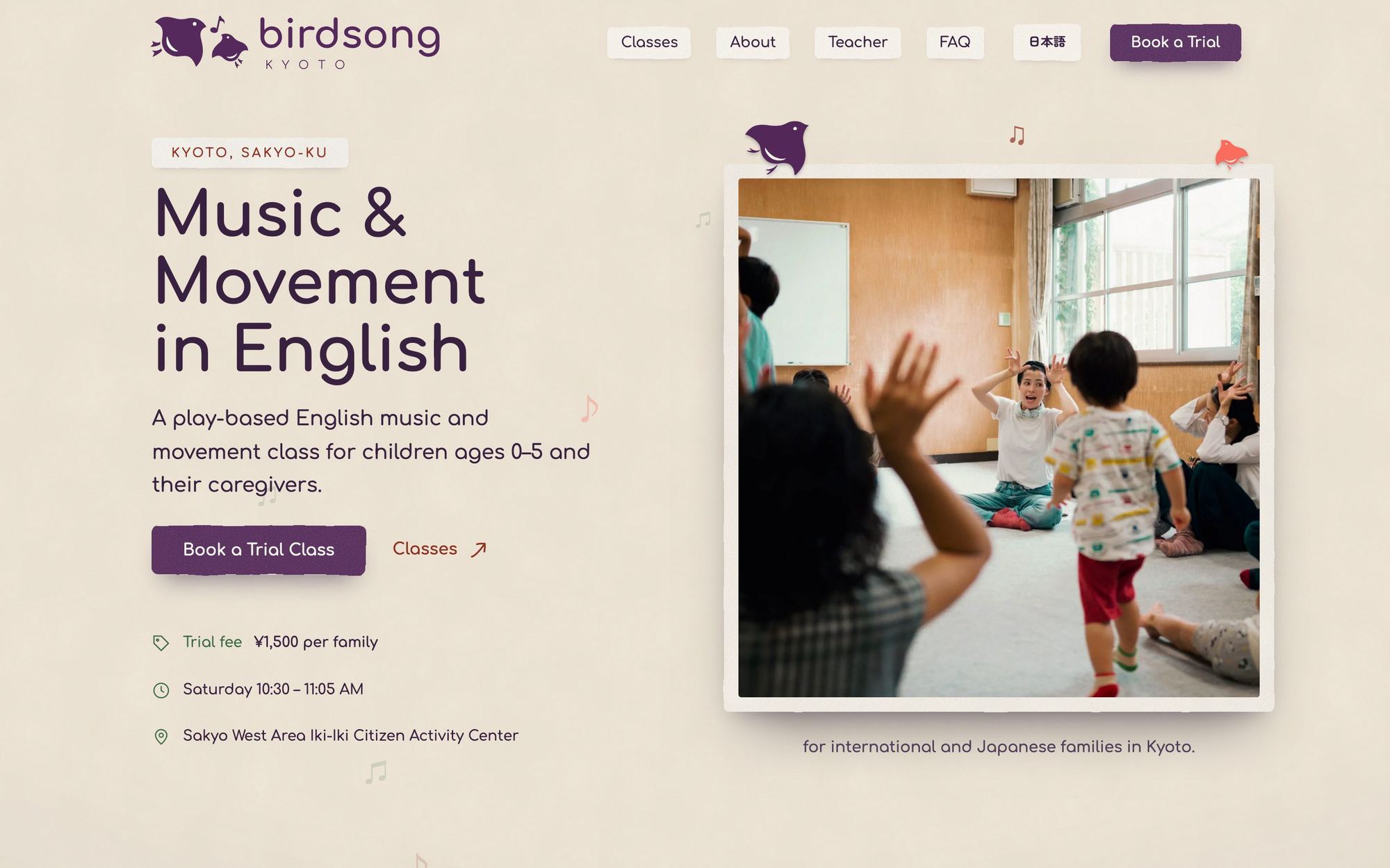 The Birdsong Kyoto home page on a laptop