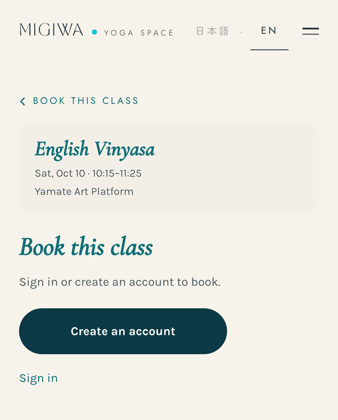 Booking sign-in screen retaining the selected class, date, time, and venue above the account options.