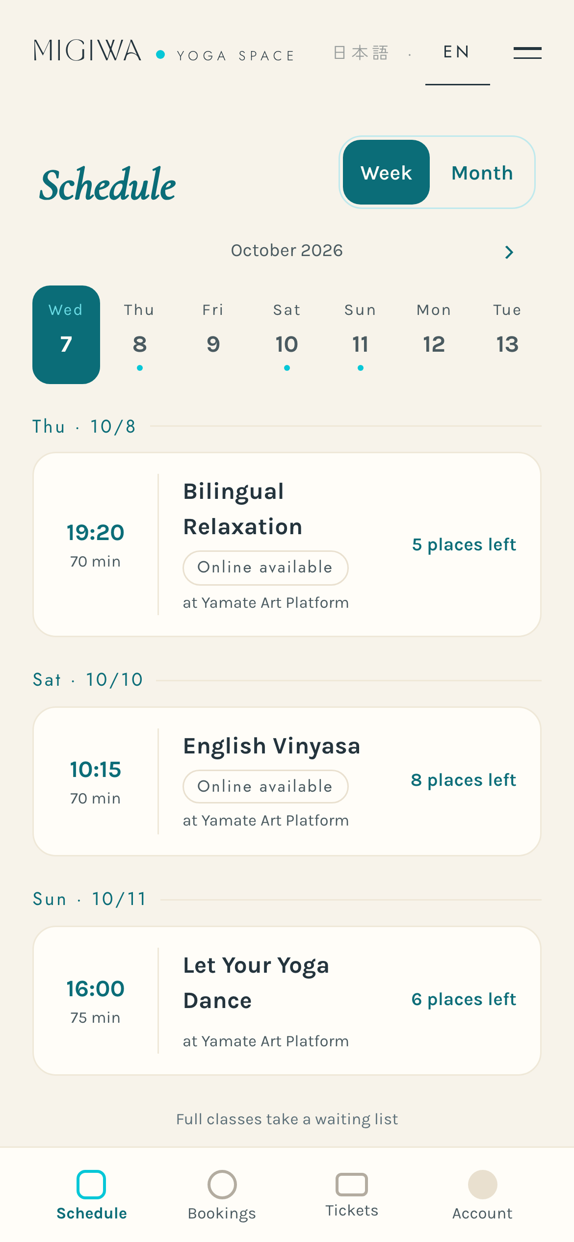 Mobile class schedule with times, venues on separate lines, and available places.