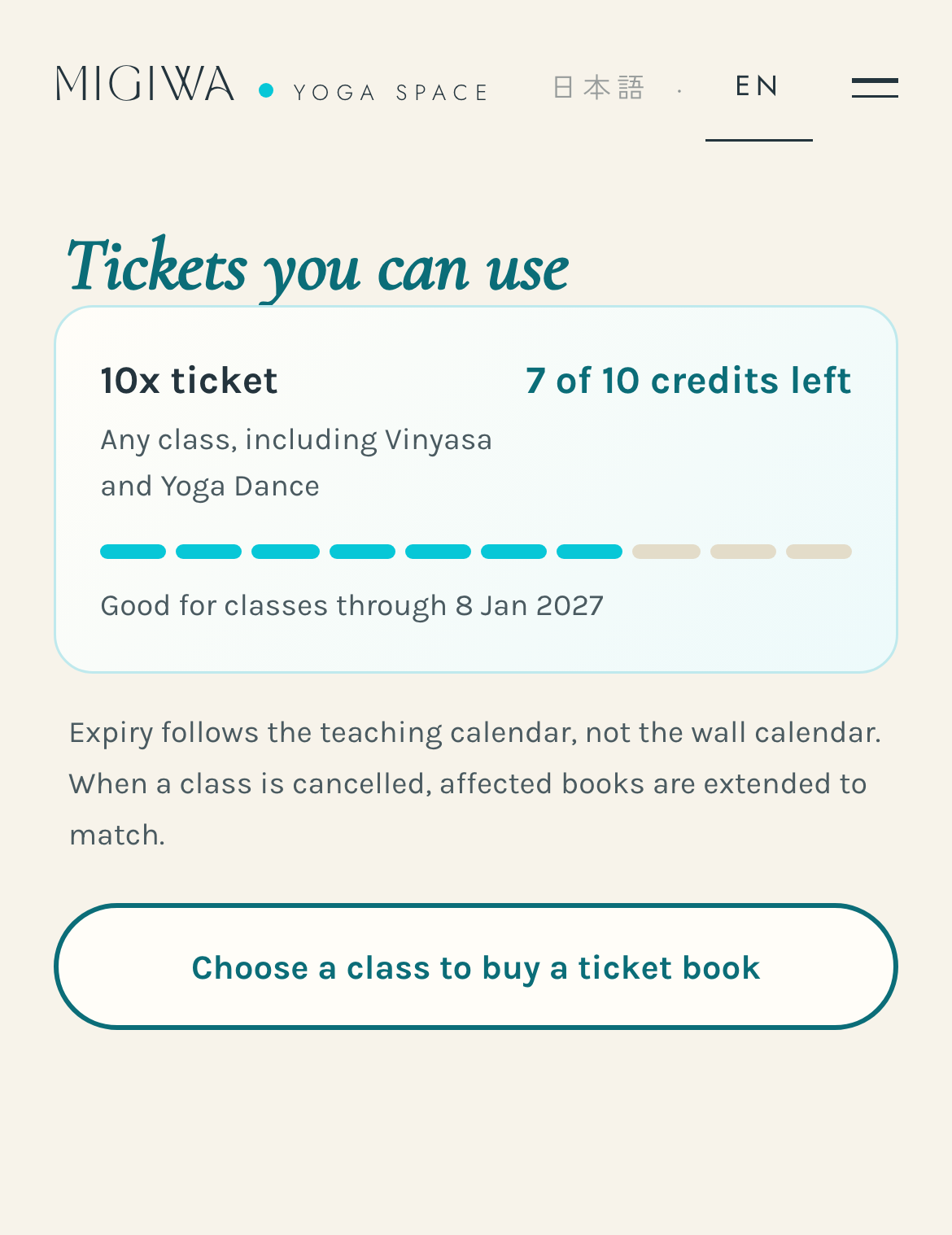 Digital ticket book showing seven of ten credits remaining, eligible classes, and a validity date.