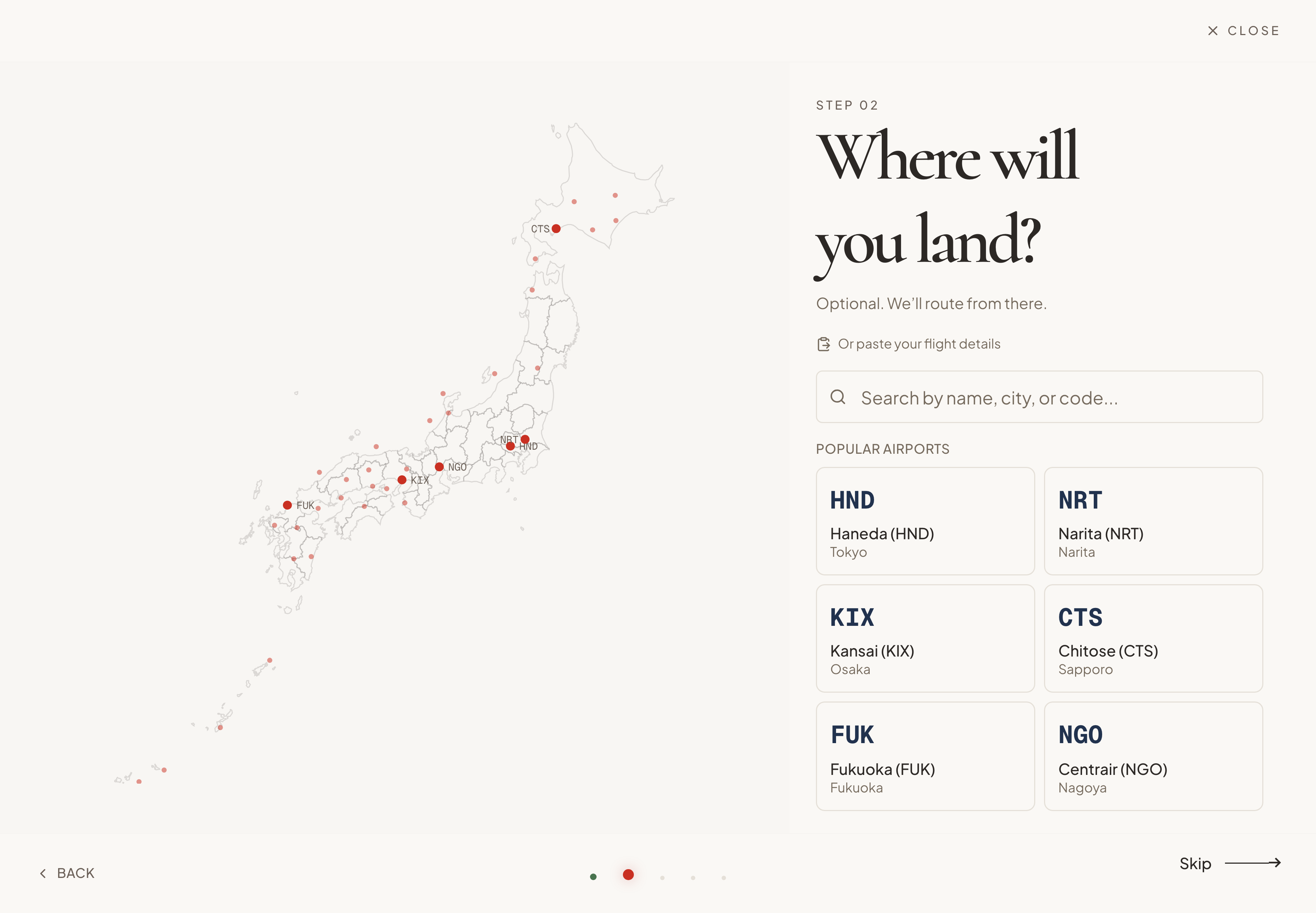 Yuku arrival screen pairing a map of Japan with airport choices, search, a progress indicator, and a Skip action.