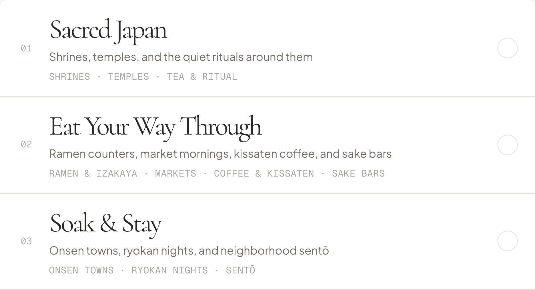 Yuku travel-interest choices for temples and rituals, food, and hot springs.